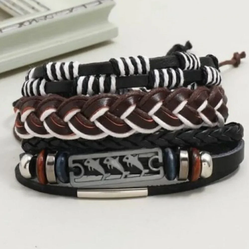BLACK LEATHER DOLPHIN BRAIDED BRACELET SET